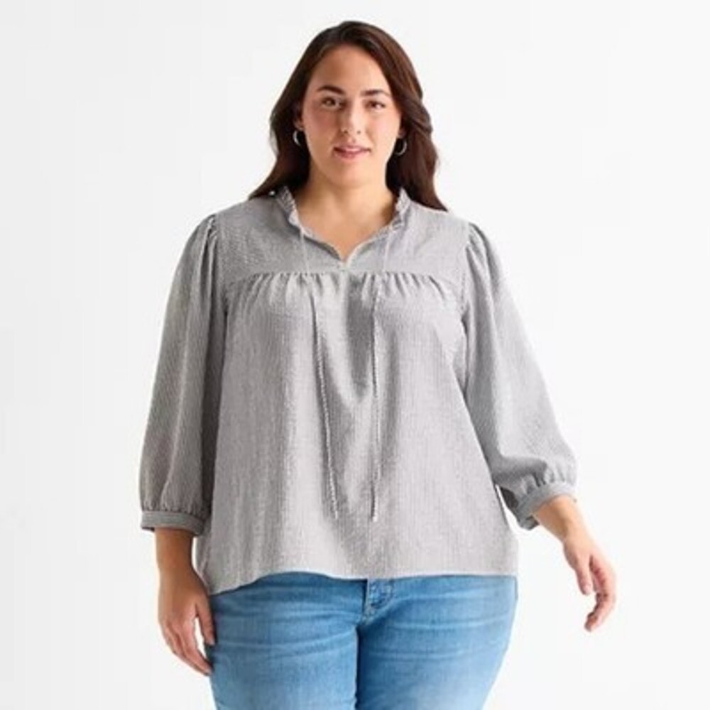 St. John's Bay Plus Size Split Neck 3/4 Sleeve Blouse Women's 3X Navy Striped